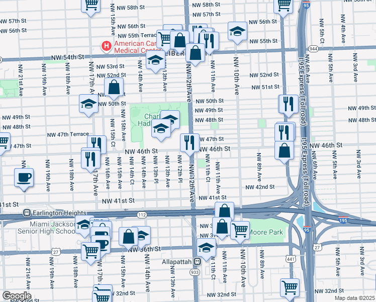 map of restaurants, bars, coffee shops, grocery stores, and more near 1245 Northwest 45th Street in Miami