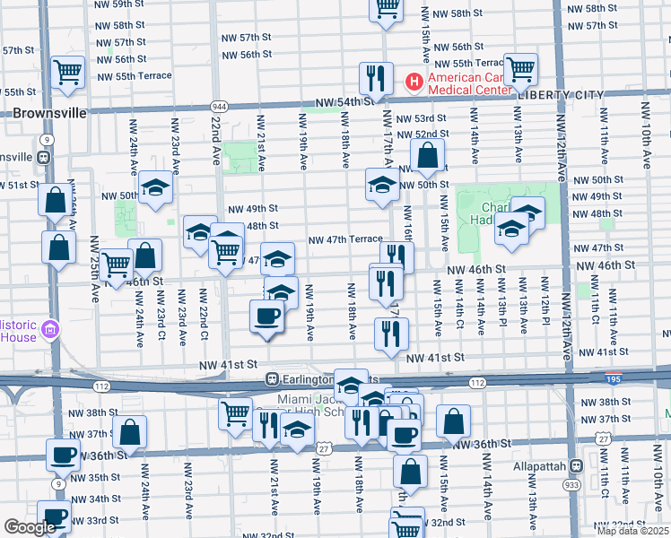 map of restaurants, bars, coffee shops, grocery stores, and more near 1865 Northwest 45th Street in Miami