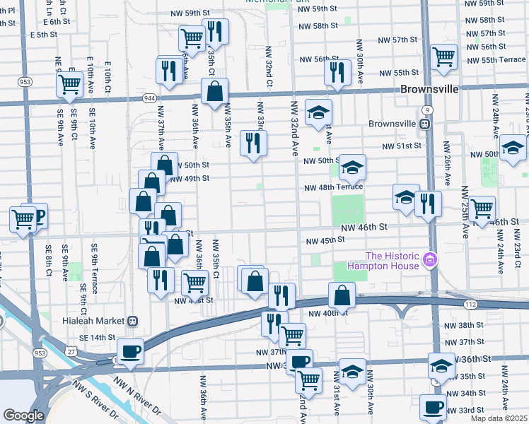map of restaurants, bars, coffee shops, grocery stores, and more near 3265 Northwest 46th Street in Miami