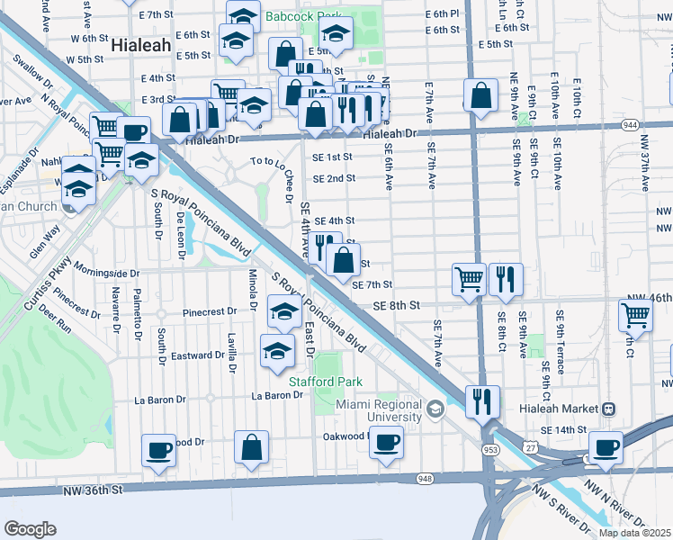 map of restaurants, bars, coffee shops, grocery stores, and more near 652 Southeast 5th Avenue in Hialeah