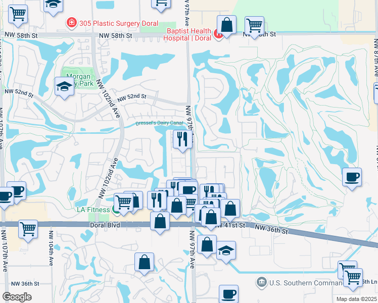 map of restaurants, bars, coffee shops, grocery stores, and more near 4667 Northwest 97th Court in Doral