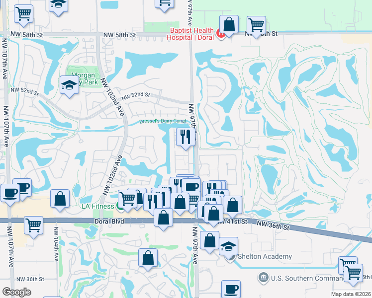 map of restaurants, bars, coffee shops, grocery stores, and more near 9764 Northwest 47th Terrace in Doral
