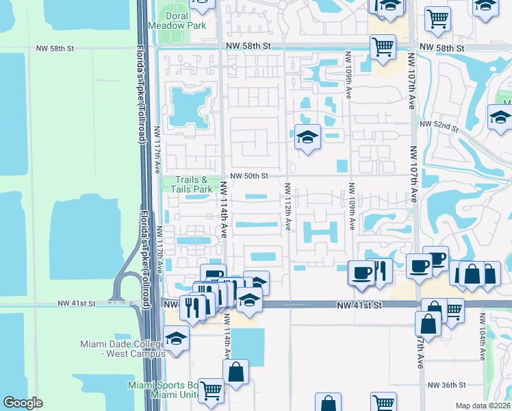 map of restaurants, bars, coffee shops, grocery stores, and more near 11246 Northwest 47th Lane in Doral