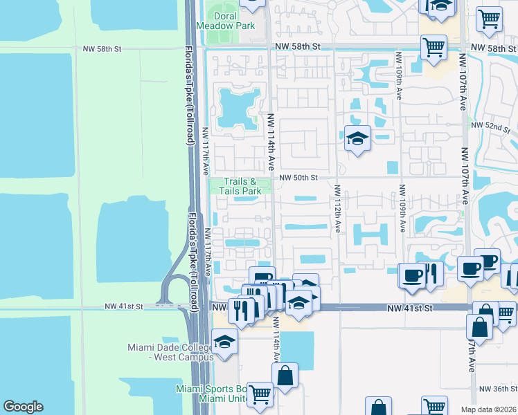 map of restaurants, bars, coffee shops, grocery stores, and more near 4701 Northwest 114th Avenue in Doral