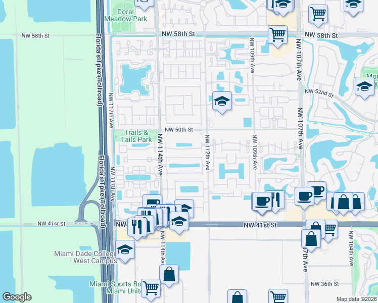 map of restaurants, bars, coffee shops, grocery stores, and more near 11246 Northwest 47th Lane in Doral