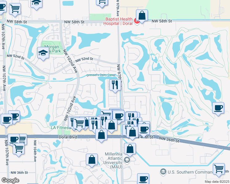map of restaurants, bars, coffee shops, grocery stores, and more near 9764 Northwest 47th Terrace in Doral
