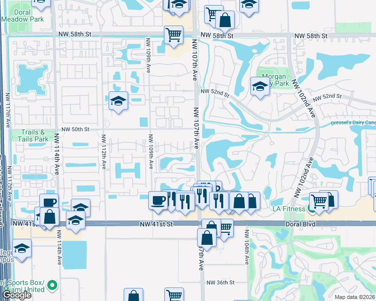 map of restaurants, bars, coffee shops, grocery stores, and more near 4700 Northwest 107th Avenue in Miami
