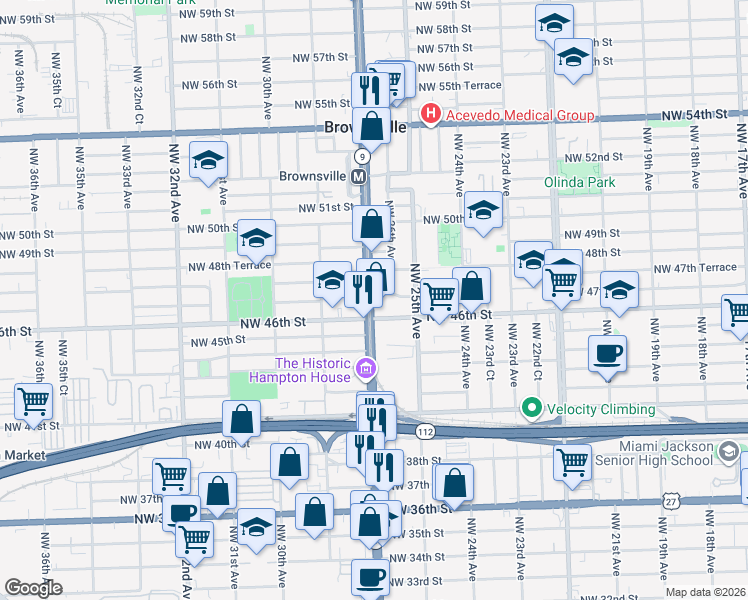 map of restaurants, bars, coffee shops, grocery stores, and more near 2722 Northwest 46th Street in Miami