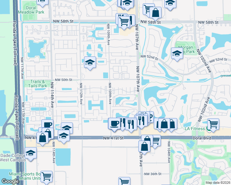 map of restaurants, bars, coffee shops, grocery stores, and more near 4889 Northwest 108th Path in Doral