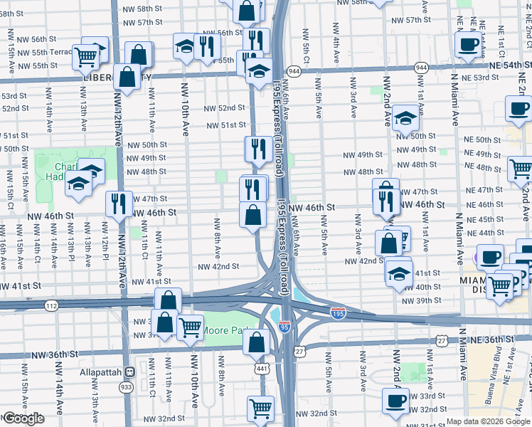 map of restaurants, bars, coffee shops, grocery stores, and more near 4690 Northwest 7th Avenue in Miami