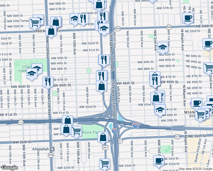 map of restaurants, bars, coffee shops, grocery stores, and more near 4690 Northwest 7th Avenue in Miami