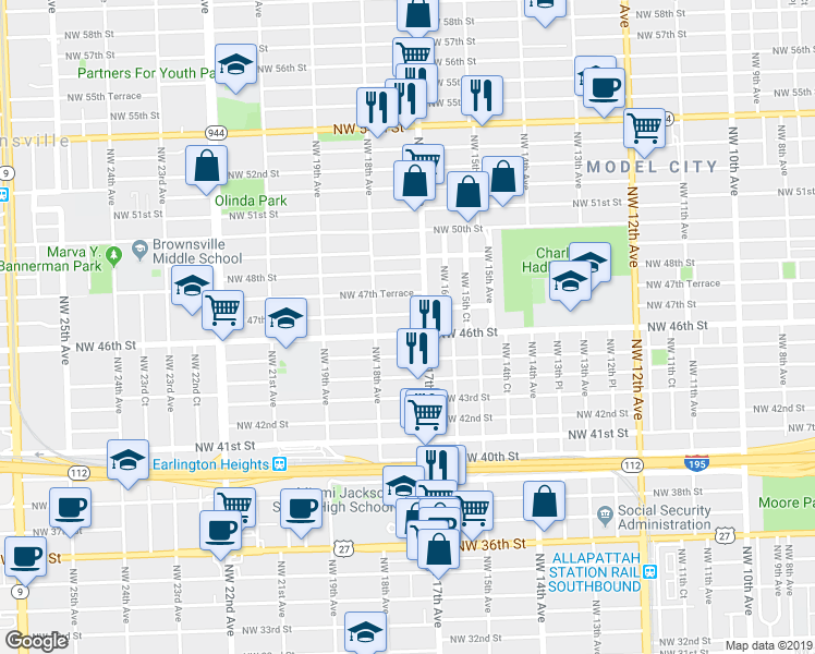 map of restaurants, bars, coffee shops, grocery stores, and more near 1701 Northwest 47th Street in Miami