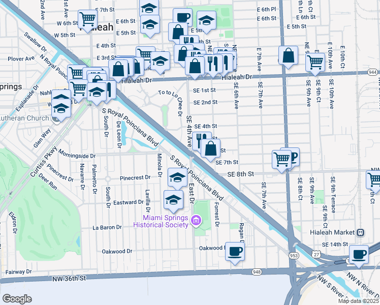 map of restaurants, bars, coffee shops, grocery stores, and more near 422 Southeast 5th Street in Hialeah