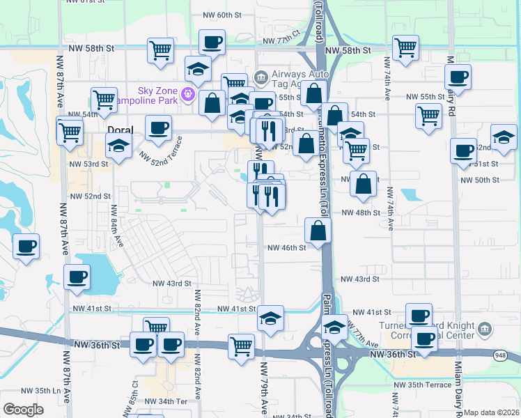 map of restaurants, bars, coffee shops, grocery stores, and more near 4851 Northwest 79th Avenue in Doral