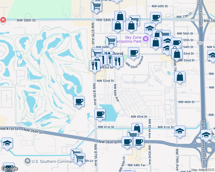 map of restaurants, bars, coffee shops, grocery stores, and more near 8478 Northwest 52nd Street in Doral