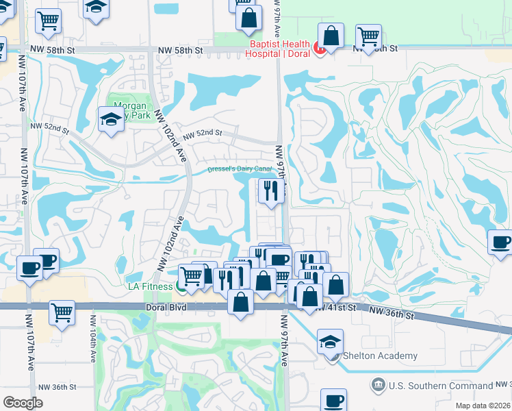 map of restaurants, bars, coffee shops, grocery stores, and more near 4869 Northwest 97th Place in Doral