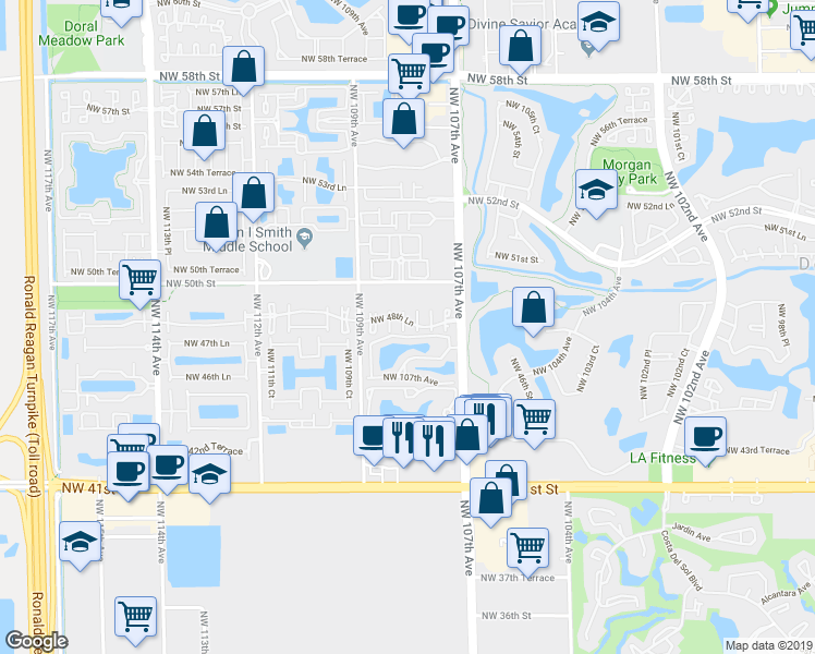 map of restaurants, bars, coffee shops, grocery stores, and more near 4896 Northwest 107th Passage in Doral