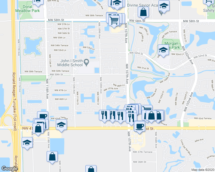 map of restaurants, bars, coffee shops, grocery stores, and more near 4889 Northwest 108th Path in Doral
