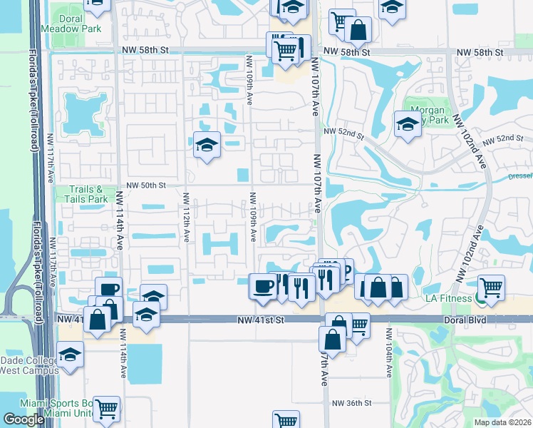 map of restaurants, bars, coffee shops, grocery stores, and more near 4889 Northwest 108th Path in Doral