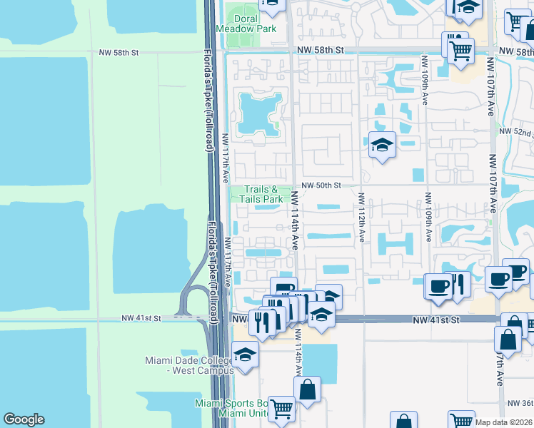 map of restaurants, bars, coffee shops, grocery stores, and more near 11645 Northwest 50th Street in Doral