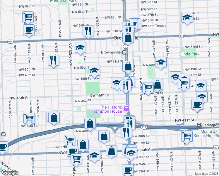 map of restaurants, bars, coffee shops, grocery stores, and more near 2890 Northwest 48th Street in Miami