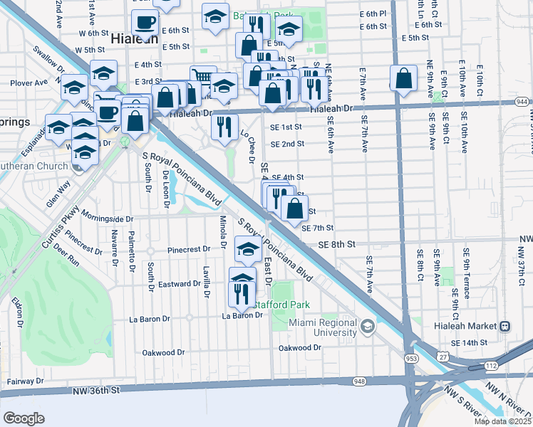 map of restaurants, bars, coffee shops, grocery stores, and more near 422 Southeast 5th Street in Hialeah
