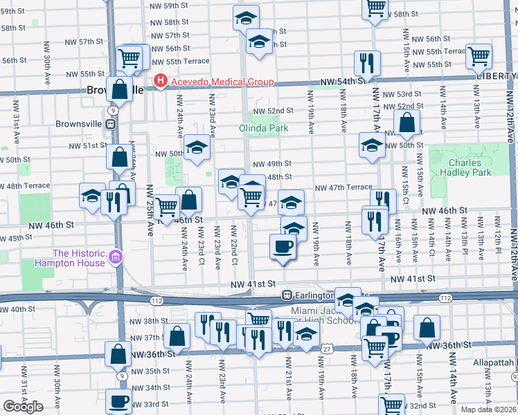 map of restaurants, bars, coffee shops, grocery stores, and more near 2194 Northwest 47th Terrace in Miami