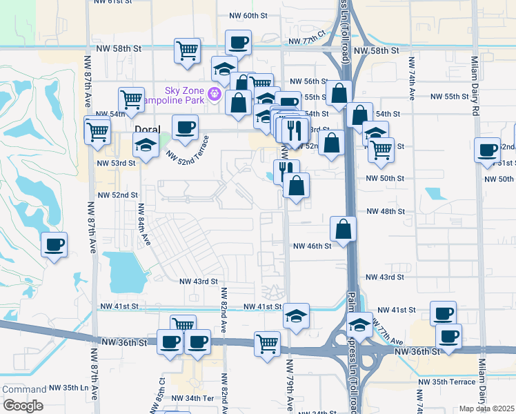 map of restaurants, bars, coffee shops, grocery stores, and more near 8180 Geneva NW 48th Way in Miami