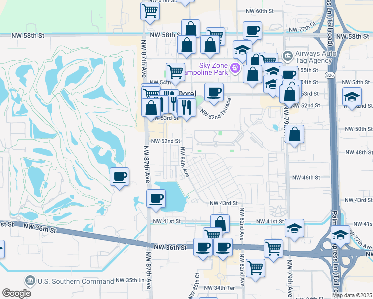 map of restaurants, bars, coffee shops, grocery stores, and more near 5200 Northwest 83rd Court in Doral