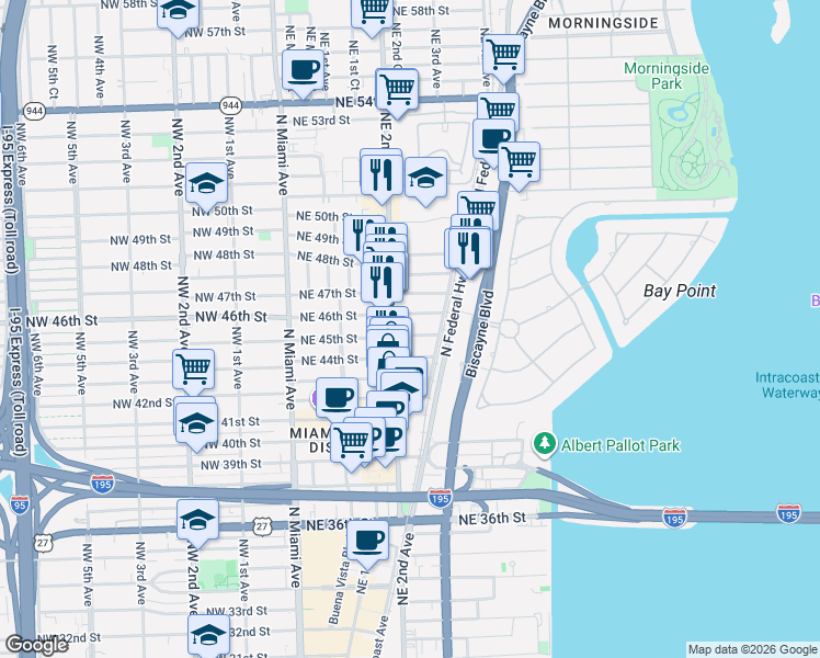 map of restaurants, bars, coffee shops, grocery stores, and more near 201 Northeast 46th Street in Miami