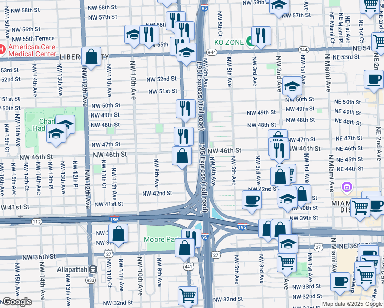map of restaurants, bars, coffee shops, grocery stores, and more near 672 Northwest 46th Street in Miami