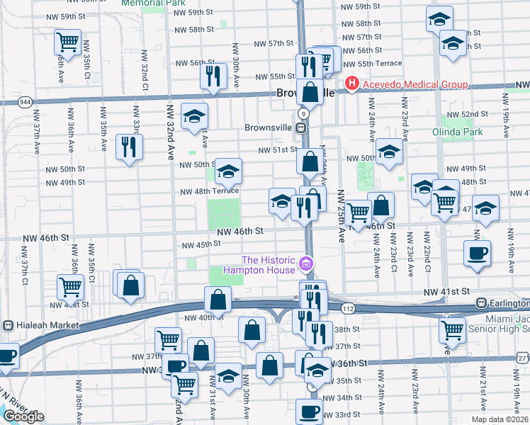 map of restaurants, bars, coffee shops, grocery stores, and more near 2890 Northwest 48th Street in Miami
