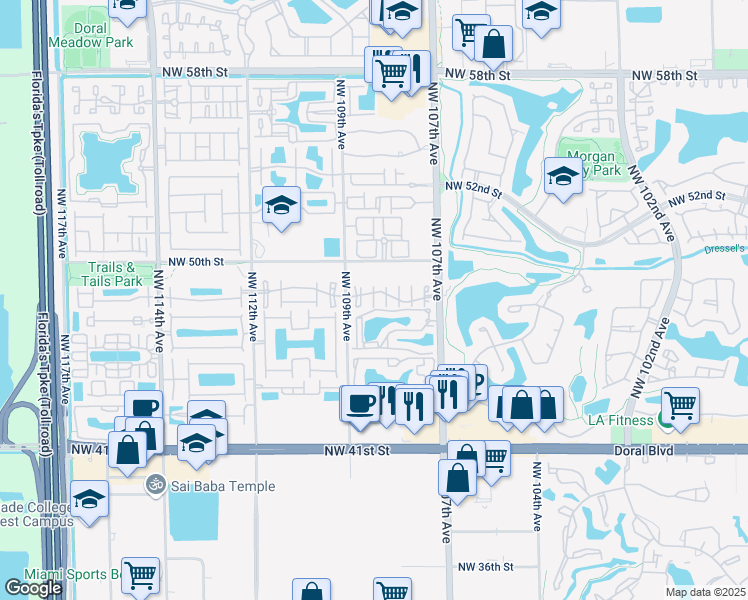map of restaurants, bars, coffee shops, grocery stores, and more near 4889 Northwest 108th Path in Doral