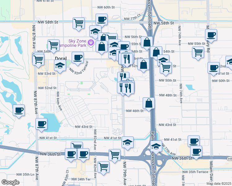 map of restaurants, bars, coffee shops, grocery stores, and more near 4810 Northwest 79th Avenue in Doral