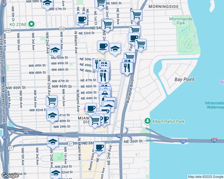 map of restaurants, bars, coffee shops, grocery stores, and more near 259 Northeast 46th Street in Miami