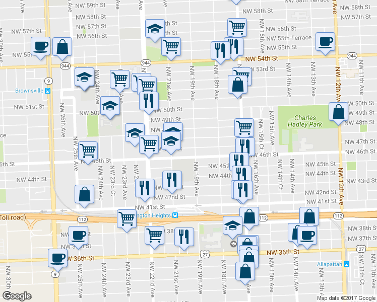 map of restaurants, bars, coffee shops, grocery stores, and more near 1923 Northwest 47th Street in Miami