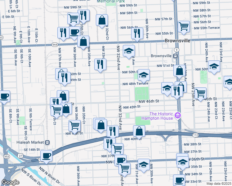 map of restaurants, bars, coffee shops, grocery stores, and more near 4815 Northwest 32nd Avenue in Miami
