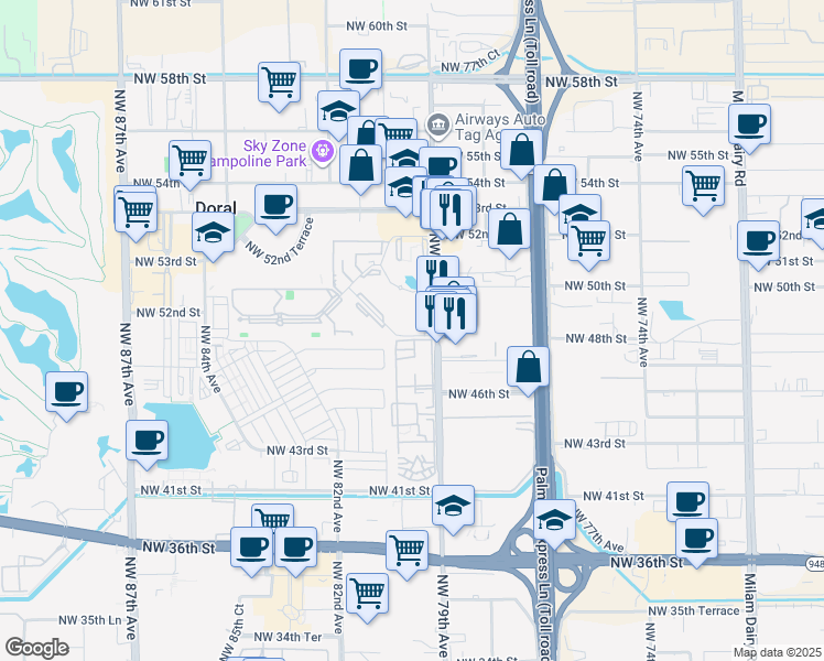 map of restaurants, bars, coffee shops, grocery stores, and more near 4810 Northwest 79th Avenue in Doral