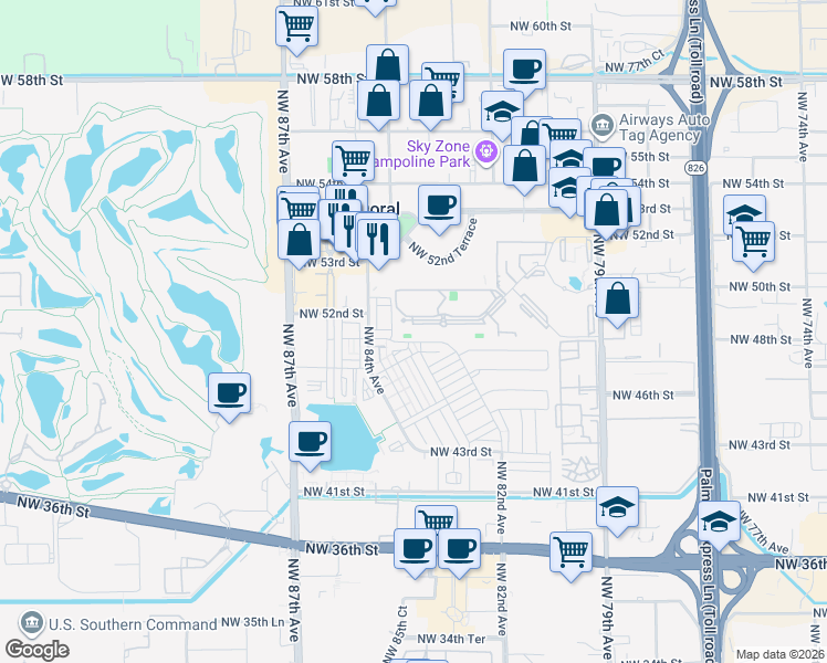 map of restaurants, bars, coffee shops, grocery stores, and more near 8333 Lake Drive in Doral