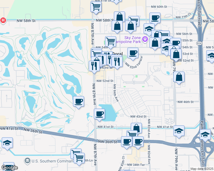 map of restaurants, bars, coffee shops, grocery stores, and more near 8478 Northwest 52nd Street in Doral