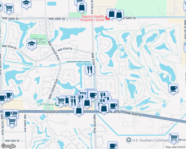 map of restaurants, bars, coffee shops, grocery stores, and more near 4873 Northwest 97th Court in Doral