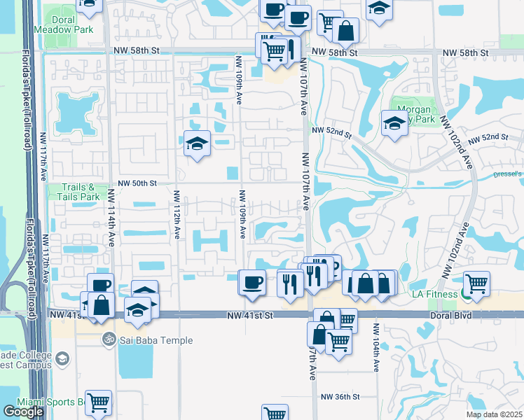 map of restaurants, bars, coffee shops, grocery stores, and more near 4889 Northwest 108th Path in Doral