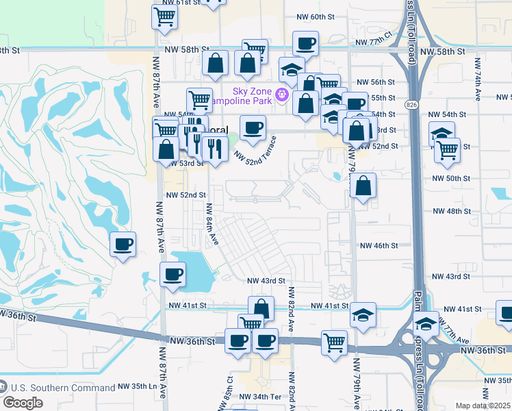 map of restaurants, bars, coffee shops, grocery stores, and more near 8255 Lake Drive in Doral