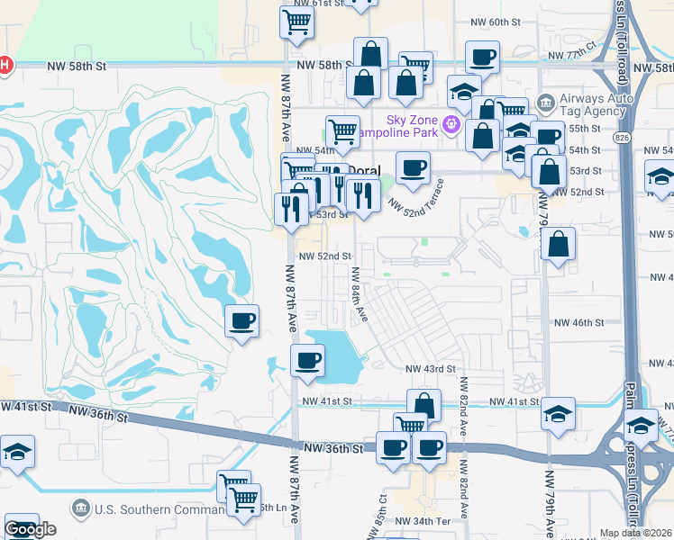 map of restaurants, bars, coffee shops, grocery stores, and more near 8478 Northwest 52nd Street in Doral