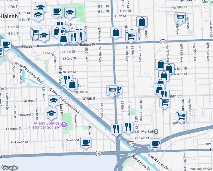 map of restaurants, bars, coffee shops, grocery stores, and more near 721 Southeast 5th Place in Hialeah