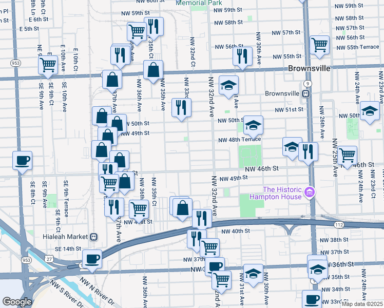 map of restaurants, bars, coffee shops, grocery stores, and more near 3255 Northwest 48th Street in Miami