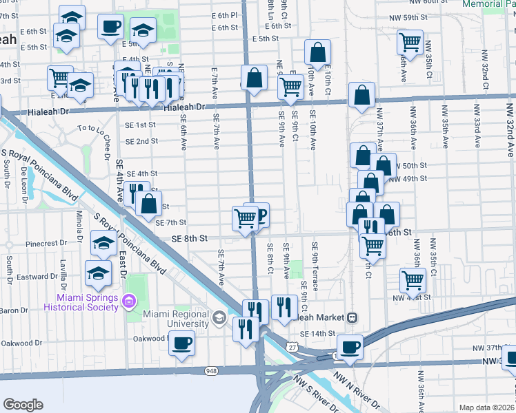 map of restaurants, bars, coffee shops, grocery stores, and more near 560 Florida 953 in Hialeah