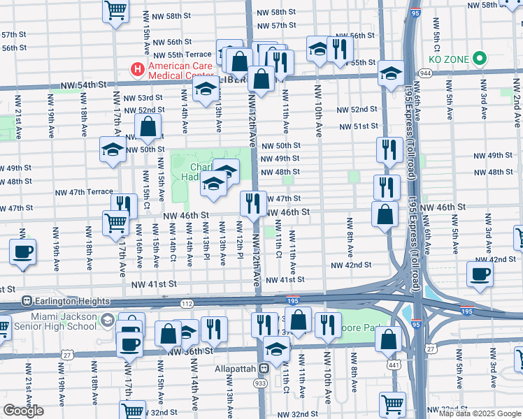 map of restaurants, bars, coffee shops, grocery stores, and more near 1185 Northwest 46th Street in Miami