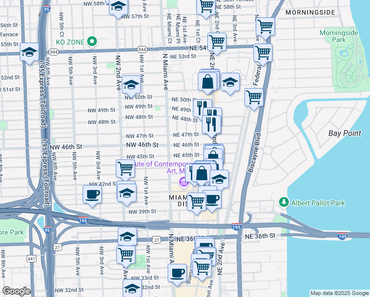 map of restaurants, bars, coffee shops, grocery stores, and more near 55 Northeast 46th Street in Miami