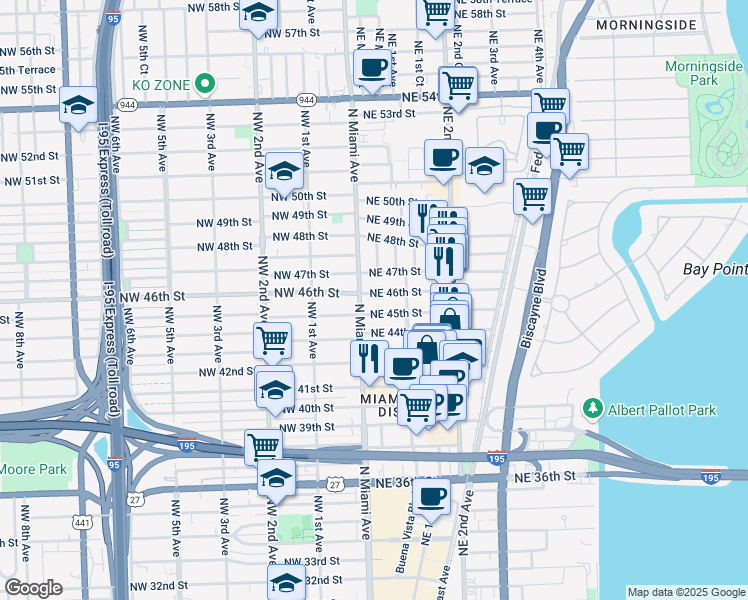 map of restaurants, bars, coffee shops, grocery stores, and more near 55 Northeast 46th Street in Miami